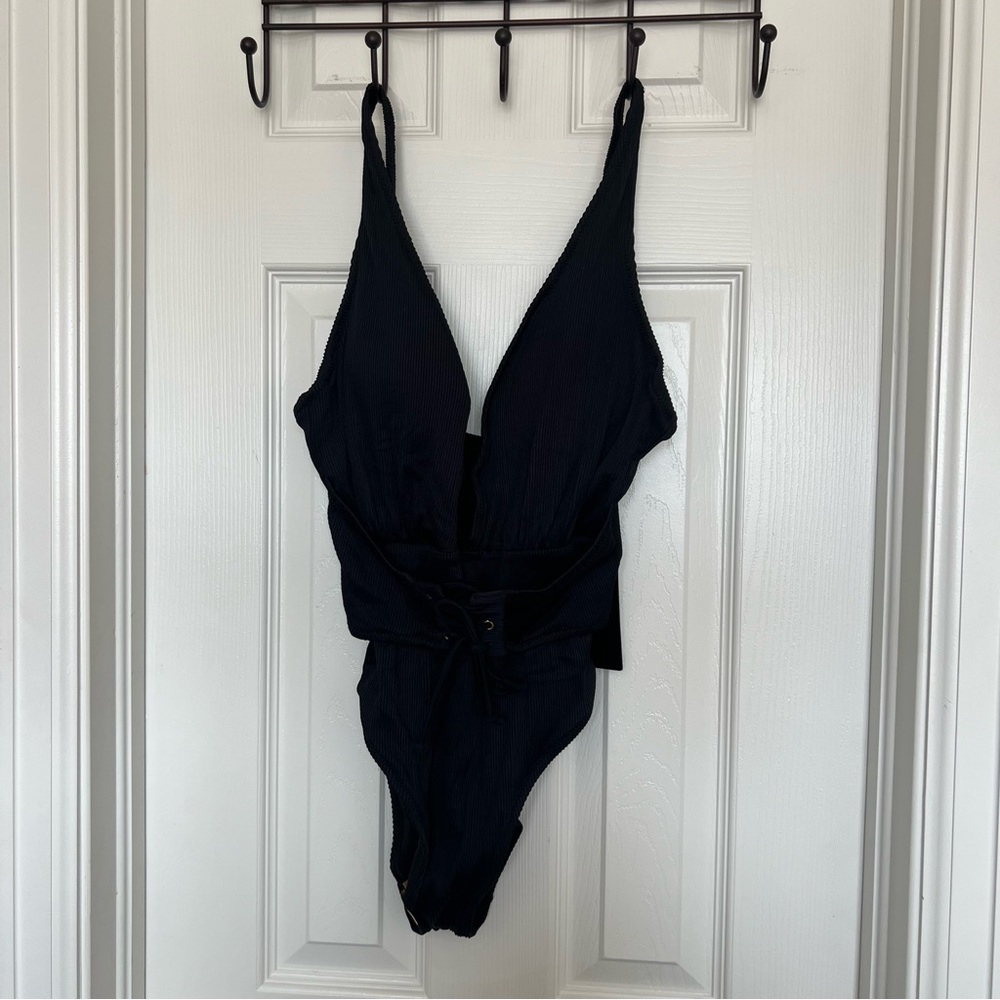 Waist Cinching Black One-Piece Swimsuit